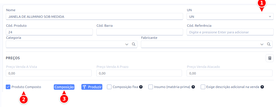 Cadastro do produto composto com a unidade, a opção Produto Composto e o botão Composição numerados de 1 a 3