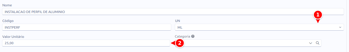 Cadastro do serviço com a unidade ML e o valor unitário numerados de 1 a 2