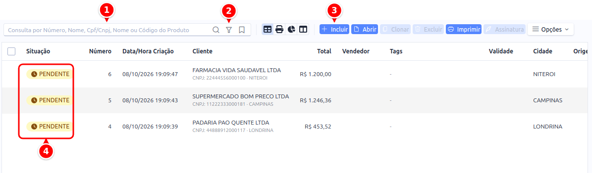 Listagem de orçamentos com a busca, os filtros, o botão Incluir e a coluna Situação numerados de 1 a 4