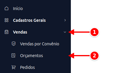 Menu lateral com Vendas e Orçamentos numerados de 1 a 2
