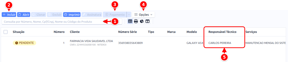Listagem de ordens de serviço com a busca, os botões Incluir, Pagamento e Opções e a coluna Responsável Técnico numerados de 1 a 5