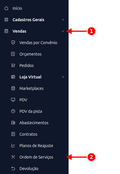 Menu lateral com Vendas e Ordem de Serviços numerados de 1 a 2