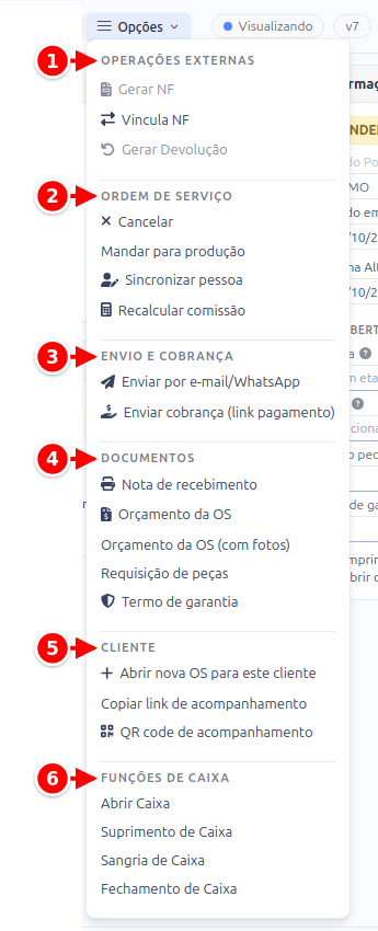 Menu Opções da ordem de serviço com os grupos numerados de 1 a 6
