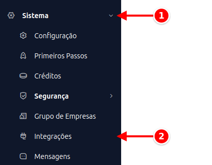 Menu lateral com Sistema e Integrações numerados de 1 a 2