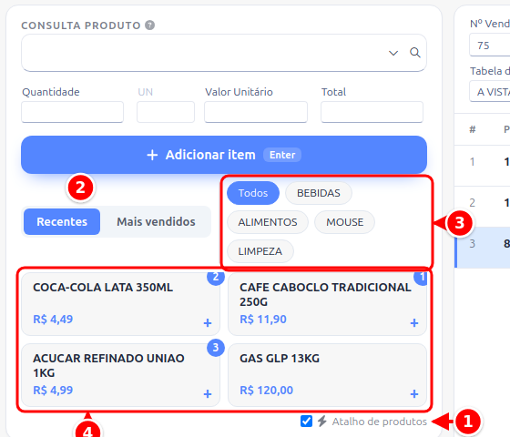 Atalho de produtos ligado, com a chave, as abas Recentes e Mais vendidos, as categorias e os cartões dos produtos numerados de 1 a 4