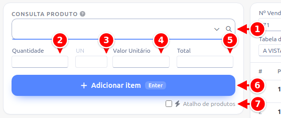 Consulta de produto no PDV com o campo de consulta, a quantidade, a unidade, o valor unitário, o total, o botão Adicionar item e o atalho de produtos numerados de 1 a 7