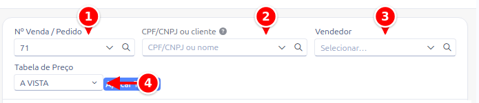 Dados da venda com o número da venda, o CPF ou cliente, o vendedor e a tabela de preço numerados de 1 a 4