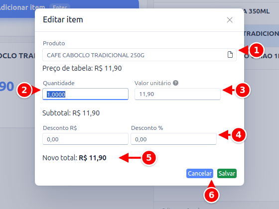 Janela Editar item com o produto, a quantidade, o valor unitário, o desconto, o novo total e os botões numerados de 1 a 6