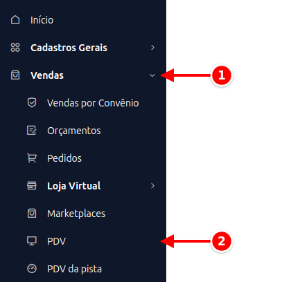Menu lateral com Vendas e PDV numerados de 1 a 2