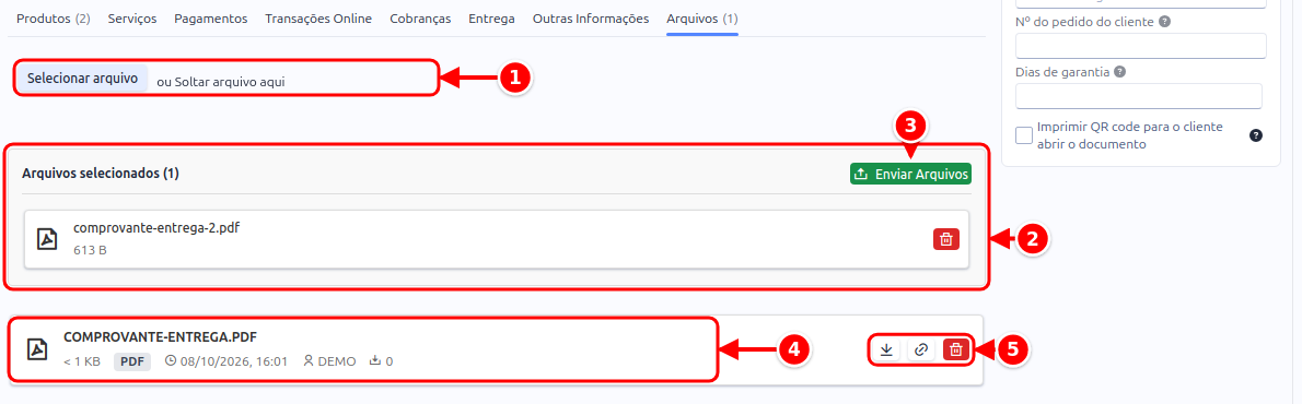 Aba Arquivos com a seleção de arquivo, a lista de arquivos selecionados, o botão Enviar Arquivos e um anexo já enviado numerados de 1 a 5