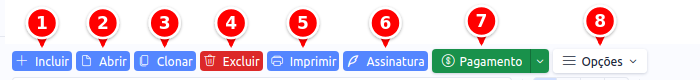 Barra de botões da listagem de pedidos numerados de 1 a 8