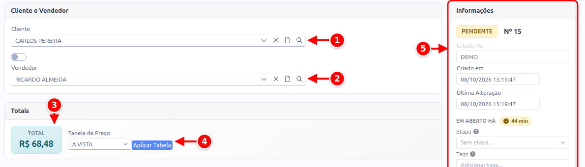 Cadastro do pedido com o cliente, o vendedor, os totais, a tabela de preço e o quadro Informações numerados de 1 a 5