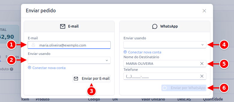 Janela Enviar pedido com os cards E-mail e WhatsApp, os campos de envio e os botões de enviar numerados de 1 a 6