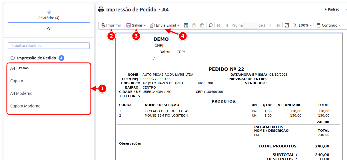 Visualizador de impressão do pedido com os modelos e os botões Imprimir, Salvar e Envie Email numerados de 1 a 4
