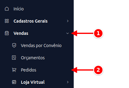 Menu lateral com Vendas e Pedidos numerados de 1 a 2