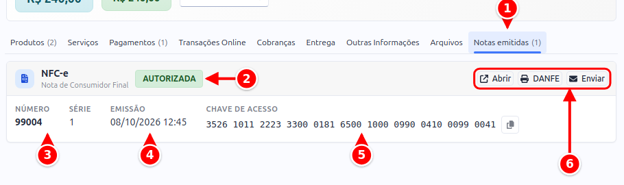 Aba Notas emitidas do pedido com a situação, o número, a série, a emissão, a chave de acesso e os botões da nota numerados de 1 a 6