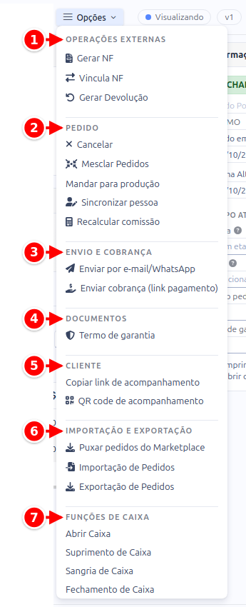 Menu Opções do pedido com os grupos de ações numerados de 1 a 7