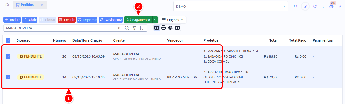 Listagem com dois pedidos do mesmo cliente selecionados e o botão Pagamento numerados de 1 a 2