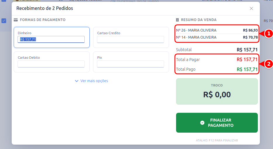 Janela Recebimento de 2 Pedidos com a relação dos pedidos e o total a pagar numerados de 1 a 2