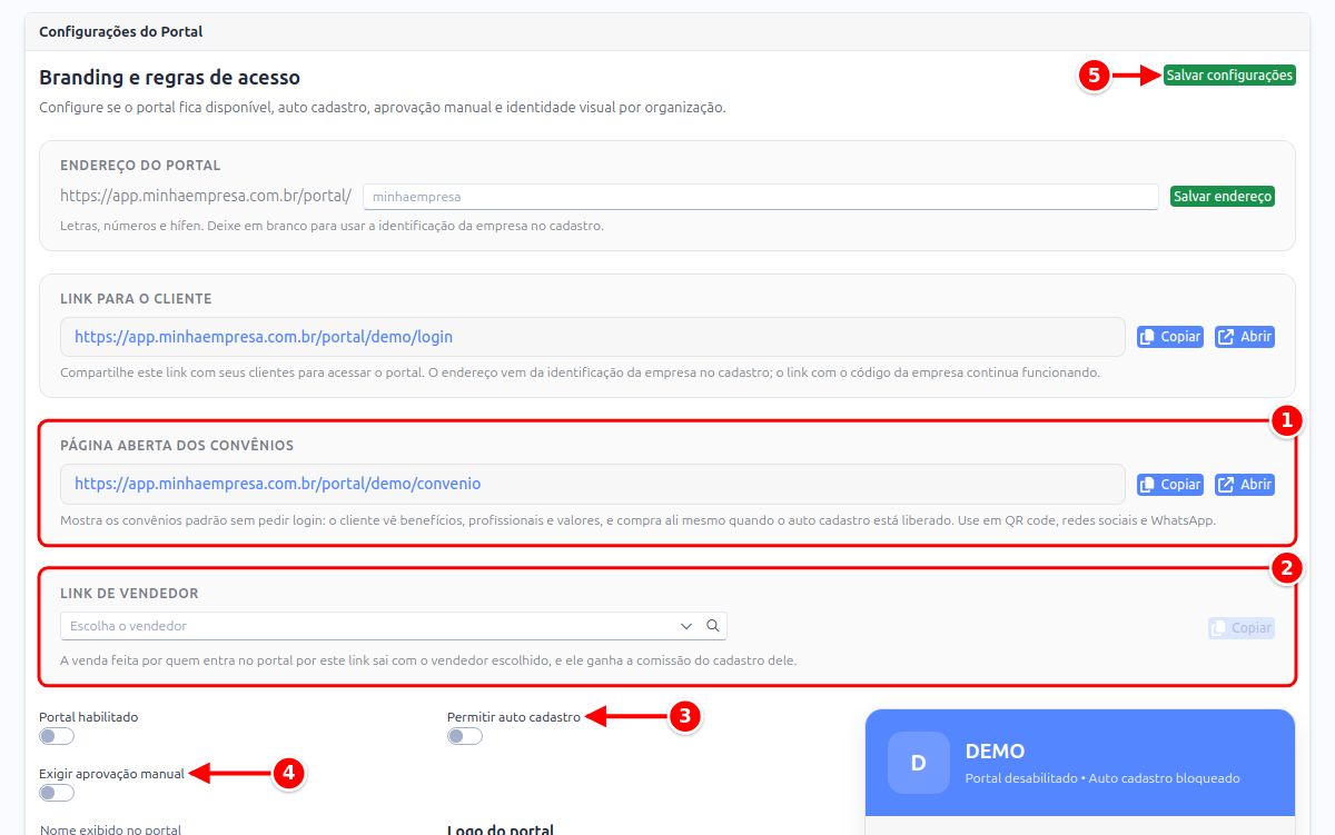 Configurações do Portal com a página aberta dos convênios, o link de vendedor, as chaves de auto cadastro e aprovação manual e o botão Salvar configurações numerados de 1 a 5