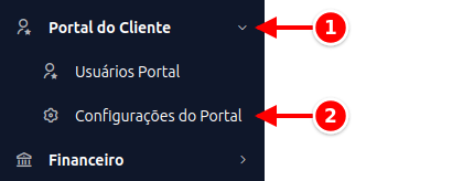 Menu lateral com Portal do Cliente e Configurações do Portal numerados de 1 a 2