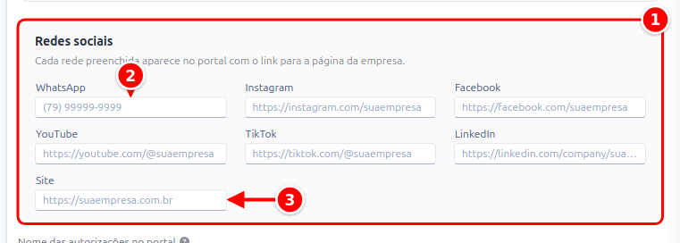 Card Redes sociais com os campos do WhatsApp e do Site numerados de 1 a 3