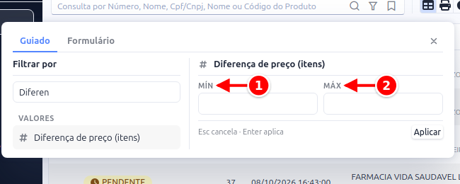 Filtro Diferença de preço (itens) com os campos Mín e Máx numerados de 1 a 2