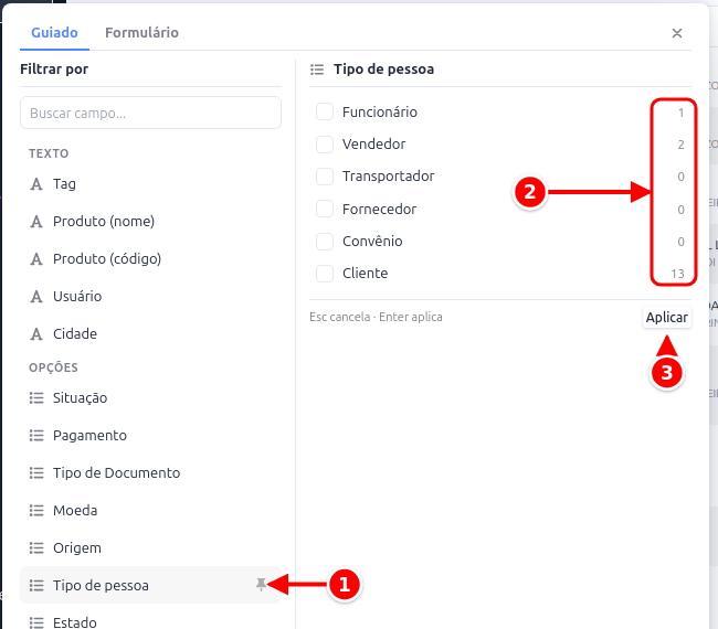 Filtro Tipo de pessoa com os tipos, a quantidade de pedidos de cada um e o botão Aplicar numerados de 1 a 3
