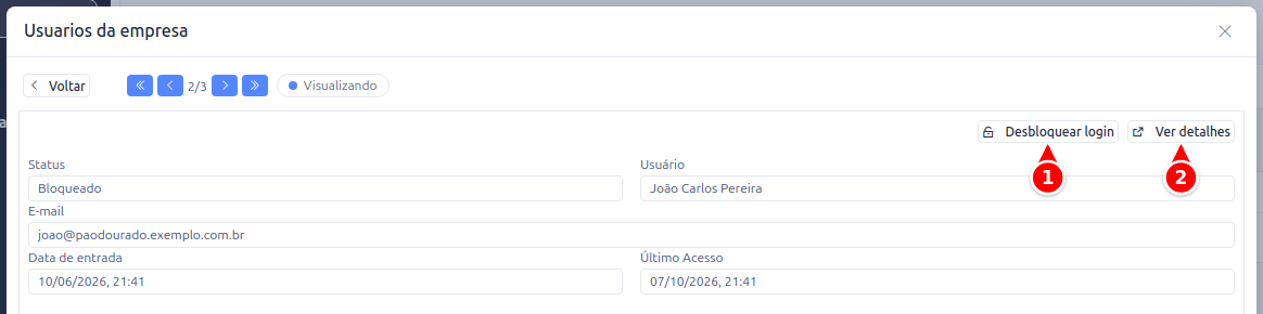 Janela Usuarios da empresa com os botões Desbloquear login e Ver detalhes numerados de 1 a 2