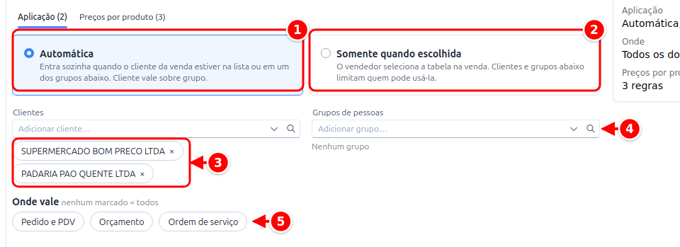 Aba Aplicação com os modos Automática e Somente quando escolhida, os clientes, os grupos de pessoas e onde a tabela vale numerados de 1 a 5