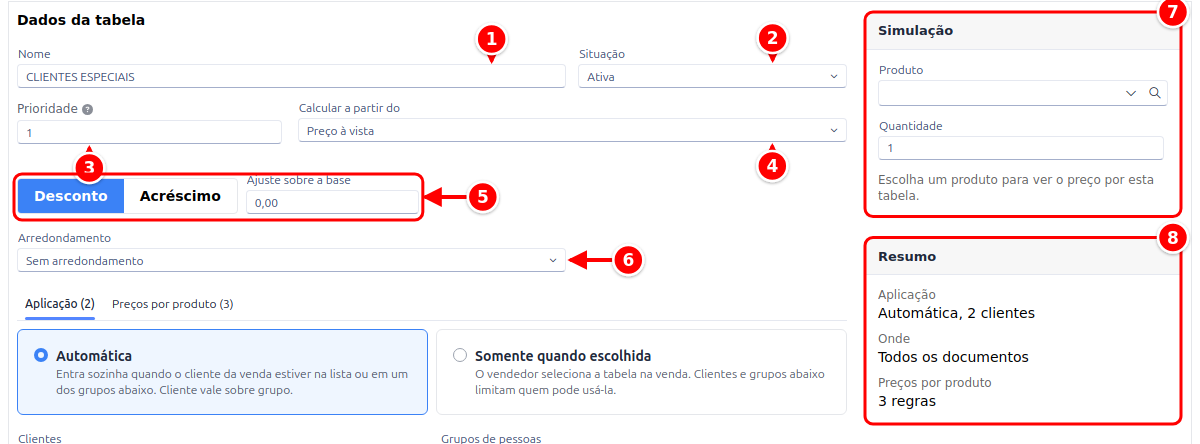 Cadastro da tabela com os dados, o ajuste, o arredondamento, a simulação e o resumo numerados de 1 a 8