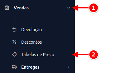 Menu lateral com Vendas e Tabelas de Preço numerados de 1 a 2