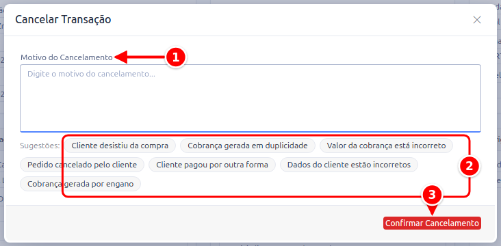 Janela Cancelar Transação com o motivo, as sugestões e o botão Confirmar Cancelamento numerados de 1 a 3