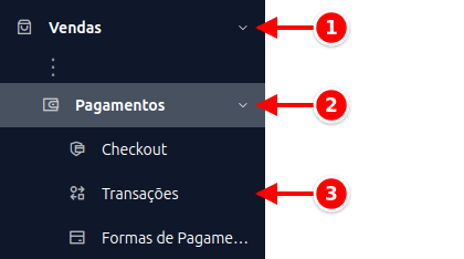 Menu lateral com Vendas, Pagamentos e Transações numerados de 1 a 3