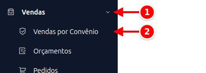 Menu lateral com Vendas e Vendas por Convênio numerados de 1 a 2